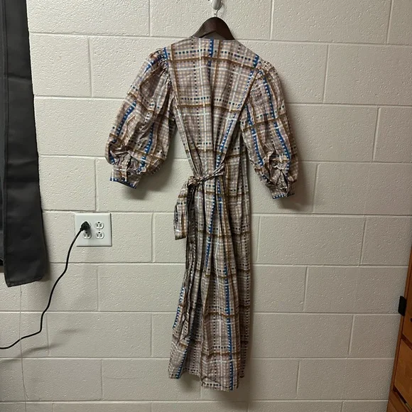 GANNI Checked Cotton-poplin Wrap Midi Dress Size 38 Medium 6 - Picture 7 of 13